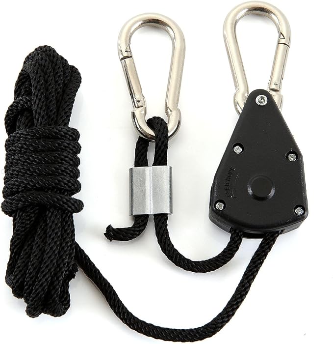 12 Pack Rope Clip Hanger 1/8 Inch 8 FT Adjustable Lifting Pulley Lanyard Hanger with M5 Iron Galvanized Carabiner, Reinforced Metal Internal Gears Ratchets 150lbs Capacity, Black