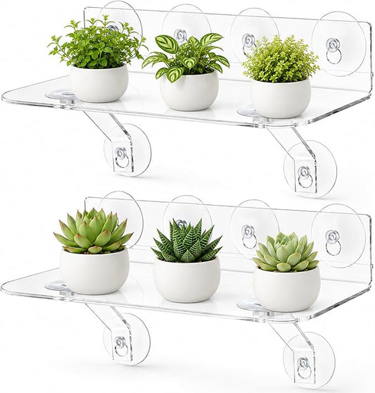 2 Pack Window Plant Floating Shelves, Heavy Duty Acrylic Suction Cup Shelf with Load-Bearing Brackets, 15x6 Inch Extra Wide Transparent Sill Extender for Succulents, Seed Plant, Herb Planters