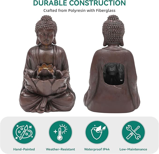AUTODAYA 18.9" H Buddha Outdoor Water Fountain, Zen Style Garden Fountain with LED Lights and Pump, Relaxing Waterfall for Patio, Porch, or Yard Decor, Faux Bronze