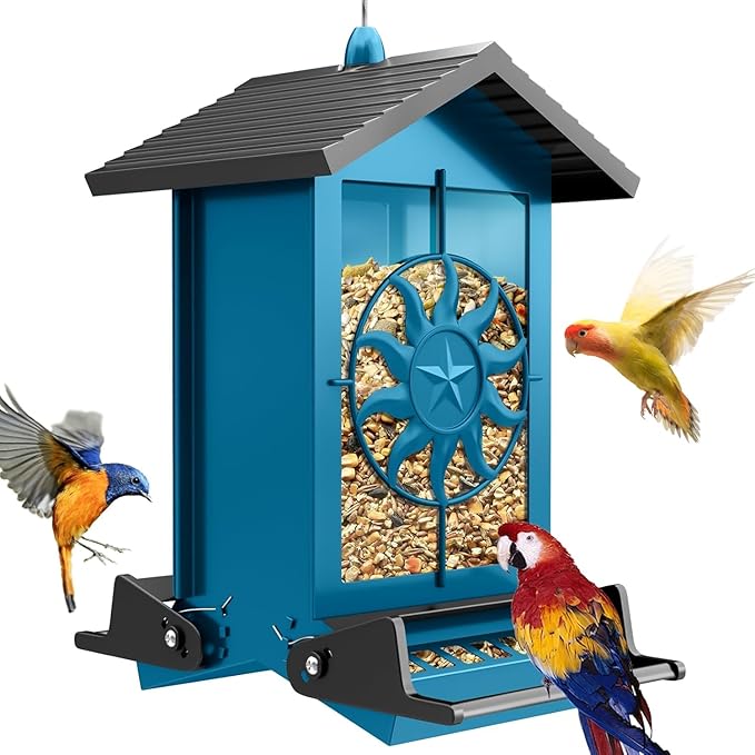 Squirrel Proof Bird Feeders for Outdoors with Weight-Activated, 5LB Large Metal Wild Bird Feeders for Cardinals,Blue Jay,Finch, Weatherproof Durable Hanging Bird Feeder for Backyard,Garden (Blue)