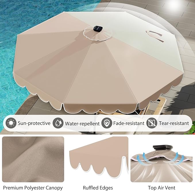 Tangkula 10FT Solar LED Patio Umbrella, 2-Tiers Scalloped Outdoor Table Market Umbrella with 24 LED Lights, Vented Top, Tilt Adjustment, Crank, 8 Ribs for Backyard Poolside Deck Beach Lawn (Coffee)