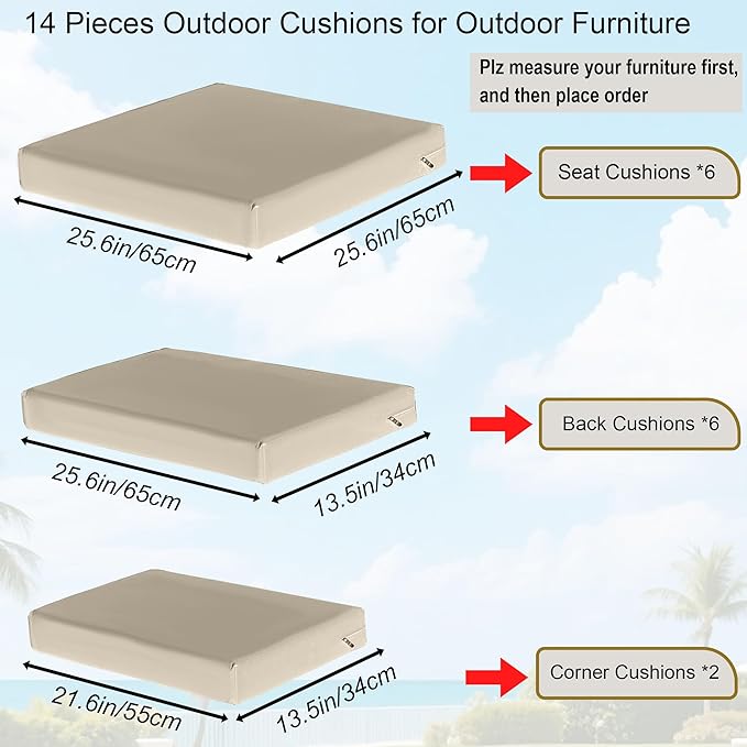 Outdoor Replacement Cushions for Patio Furniture, Splash-Resistant and Fade-Resistant 14 Pieces Outdoor Couch Cushion, 25.6x25.6x4 Inch Sofa Pad with Removable Fabric Cover