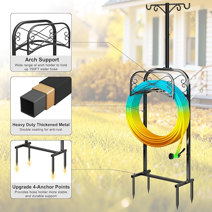 Gtongoko Garden Hose Holder for Outside 70 In With 4 Prongs Base & 2 Shepherds Hook Detachable Metal Water Hose Holder Freestanding Heavy Duty Organizer Holds 150FT Stand Hanger for Outdoor Black