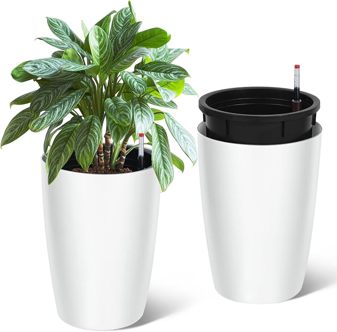 Garvee Tall Planters for Outdoor Plants, 16 in Large Planters Set of 2, Outdoor & Indoor Planters with Water Level Monitor ＆ Inner Bucket, Automatic Watering, for Porch, Patio, Backyard, White