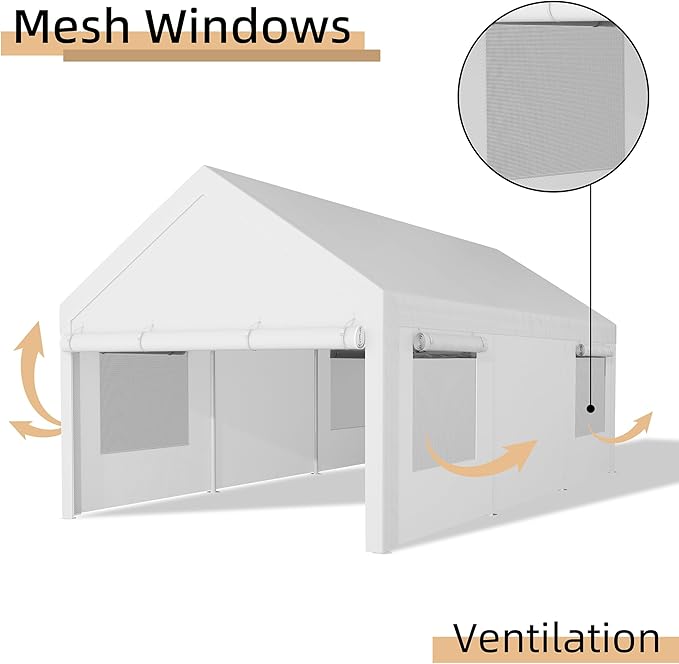JY QAQA Carport, 12x20 FT Heavy Duty Carport with Removable Side Walls and Doors, Portable Garage with Roll-Up Window and Sandbags, Car Canopy with All-Season Tarp for Cars, Trucks, Boats, White