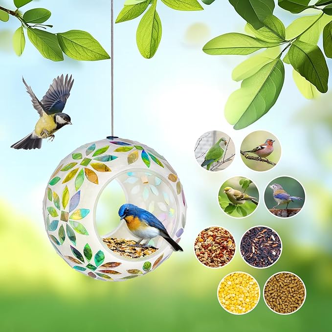 Hanging Bird Feeders for Outdoor Glass Mosaic Fly Through Wild Bird Feeder Round Shape Birdfeeder for Outside Garden Yard Patio Decoration Yellow