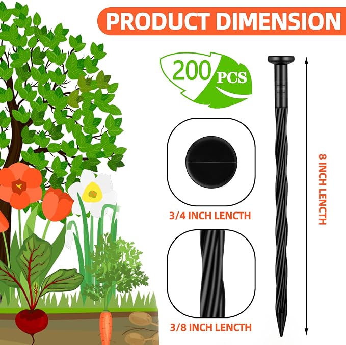 200 Count Plastic Landscape Edging Anchoring Stakes 8-Inch Garden Lawn Yard Landscaping Spikes for Paver Edging, Weed Barrier, Tent, Artificial Turf & More