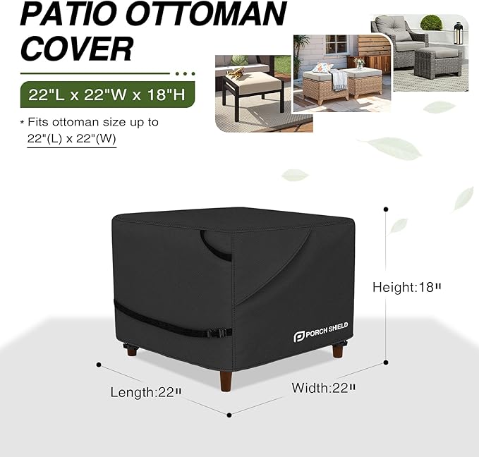 Porch Shield Patio Ottoman Cover - Waterproof Outdoor Square Side Table Covers – 22L x 22W x 18H inch, Black