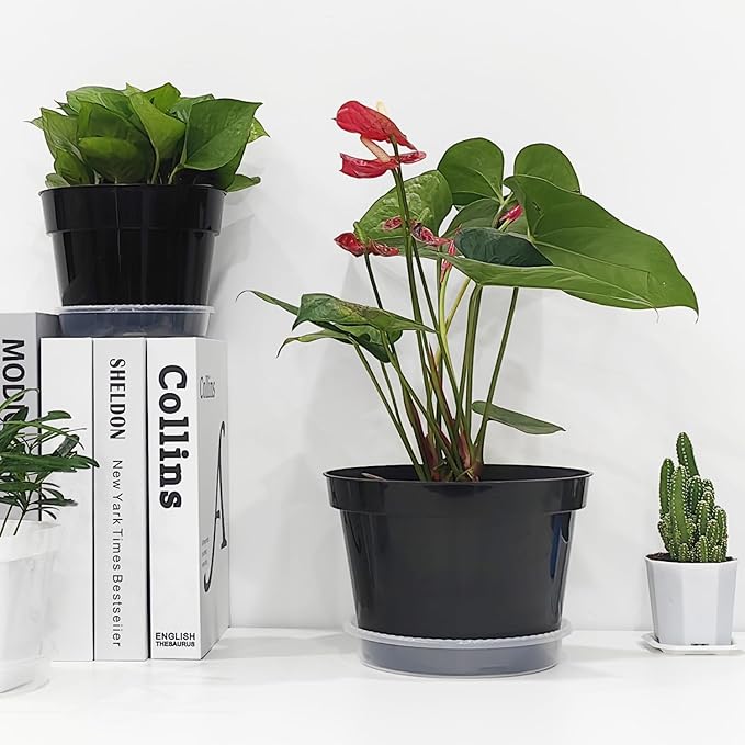 RooTrimmer 12 Pack Plant Pots, 8 Inch Plant Planter with Clear Saucer, Plastic Pots for Plants Indoor and Out Door Such as Strawberry, Herb and Flowers (Black)
