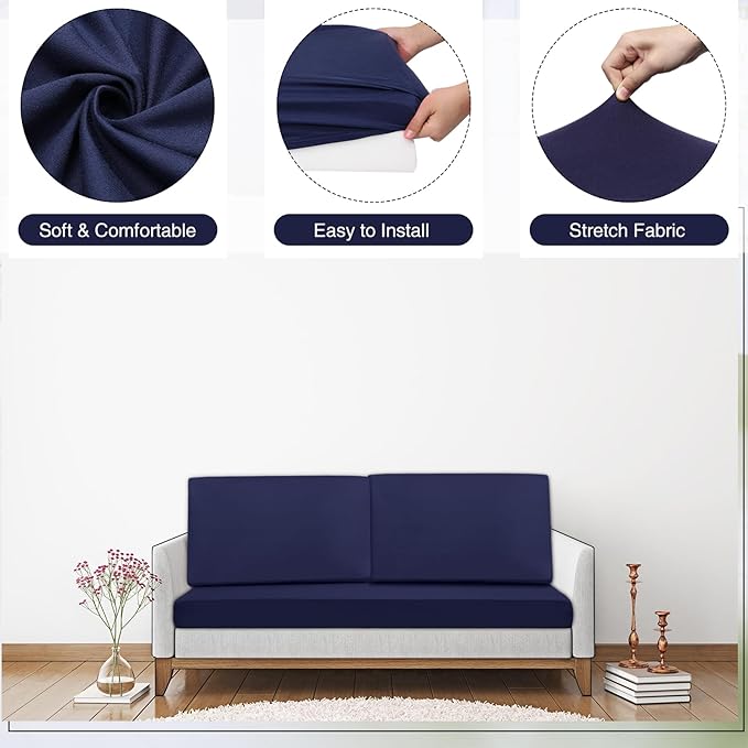 Newwiee 8 Pcs Stretch Patio Outdoor Cushion Covers Replacement for 4 Backrests and 4 Patio Cushions Covers, Waterproof Couch Sofa Slipcover Furniture Protector, Thin Fabric Breathable(Navy Blue)