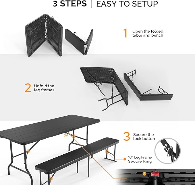 Bonnlo Black Folding Picnic Table Set with 2 Benches, 6 Feet Camping Table Chair Set, Modern Portable 3-Piece Furniture for Indoor/Outdoor Use, White Folding Picnic Table with Smooth Tabletop