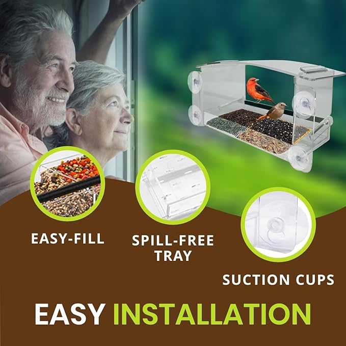 Nature Gear Acrylic Clear Window Bird Feeder with Strong Suction Cups, Removable Sliding Seed Tray, Weather-Resistant & Easy to Clean for Window Viewing, Earth-Friendly Dome