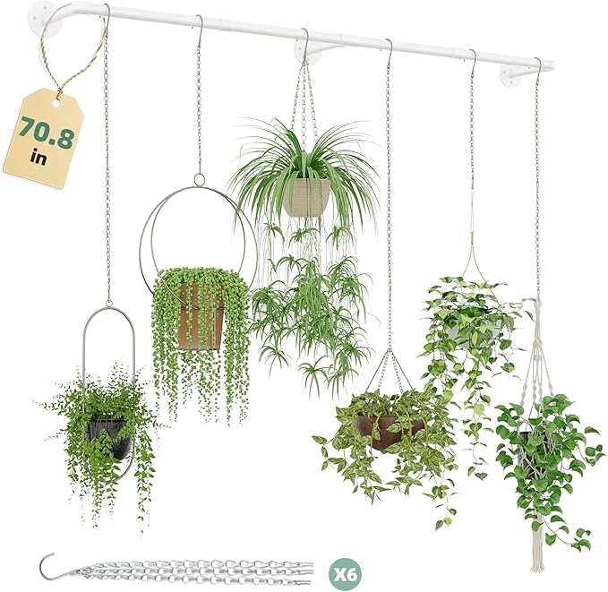 Galood Plant Hanger Indoor with 6 Hanging Chains Hanging Planters for Indoor Plants Hanging Plant Holder Window Plant Shelves White Metal Rod(Pot not Included
