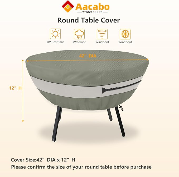 Round Patio Table Cover,Suitable for 42 Inch Diameter Patio Round Table,Waterproof Heavy Duty Round Outdoor Coffee Table Cover Grey Green