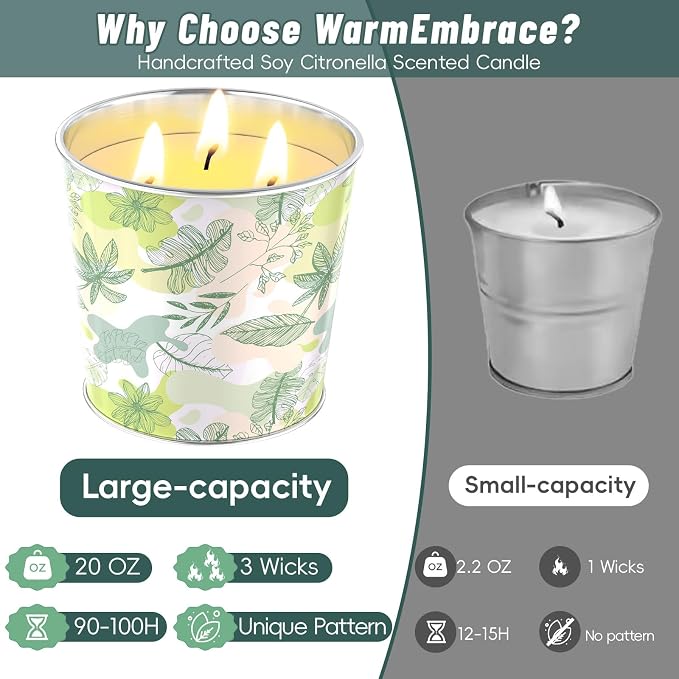 WarmEmbrace Citronella Candles Outdoor & Indoor, Large Citronella Candle 400H Burning Long Lasting, 4 Pack 20oz Soy Scented, 3-Wick Natural Soy Wax for Patio, Garden, Backyard, Camping, Cookout