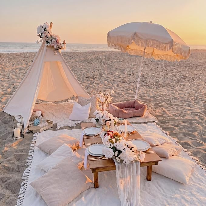 6.5 Ft Fringe Patio Umbrella and 71"x 91" Extra Large White Picnic Blanket UPF50+ Outdoor Tassels Ruffles Beach Umbrella with Steel Pole for Camping Patio Lawn Beach Park