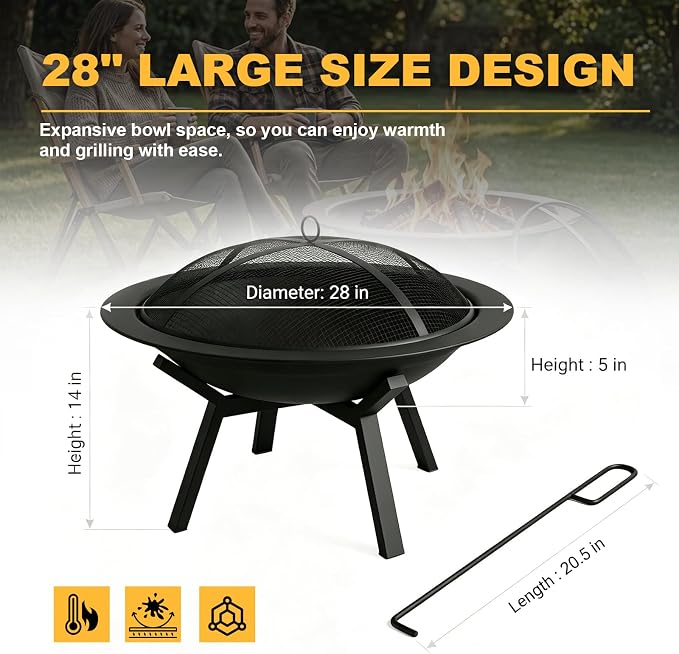 Outdoor Wood Burning Fire Pit, Heavy Duty Round Steel Fire Bowl for Backyard, Patio, Camping, Bonfire, Black Finish, with Mesh Spark Screen and Hook