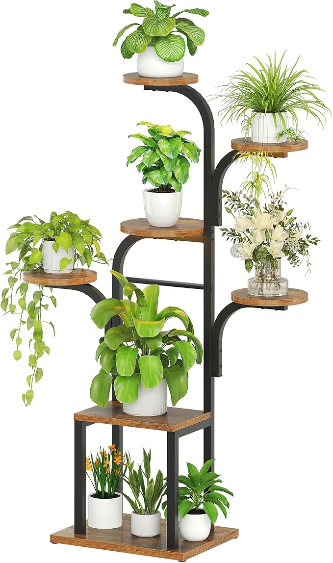 HOOBRO Plant Stand Indoor with Grow Lights, 47.2" Tall Metal Plant Shelf, 7 Tiered Corner Plant Stand for Indoor Plants, Plant Rack for Living Room Bedroom Balcony, Rustic Brown and Black BF09DHJ01