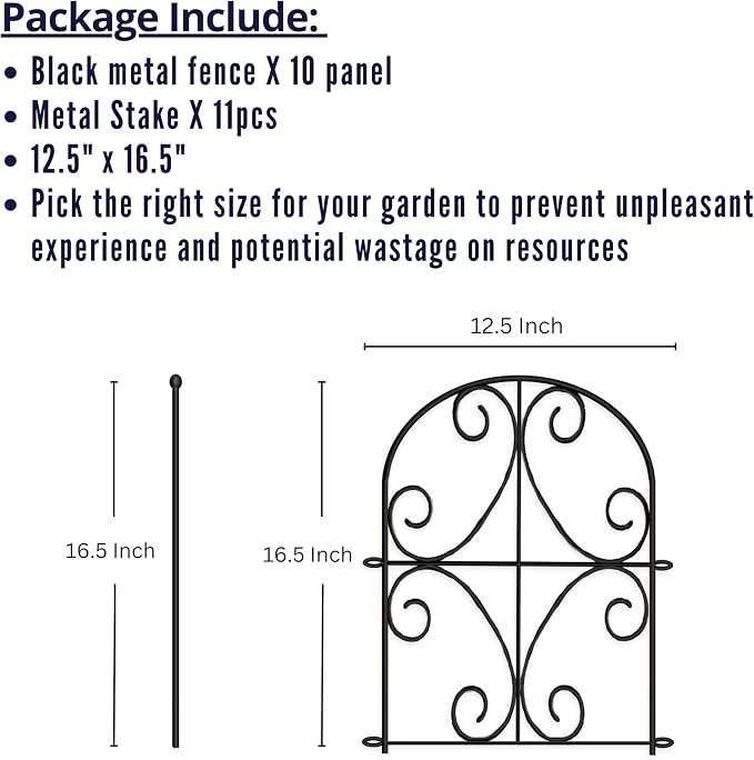 ShopLaLa Garden Fence (10 Panels) 12.5in(L) x 16.5in(H) Rustproof Black Metal Curly Wire, Animal Barrier Fencing for Dogs, Decorative Flower Bed Edging Landscape Border Yard, Patio Outdoor Decor