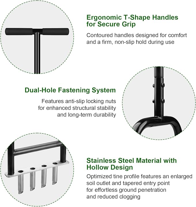 Lawn Core Aerator Tool Coring Grass Aerator Lawn Tool 4 Hollow Tines for Efficient Aeration Heavy Duty Steel Manual Plug Aerator for Lawn Care/Yard Soil Loosening/Grass Maintenance (Silvery) (Black)