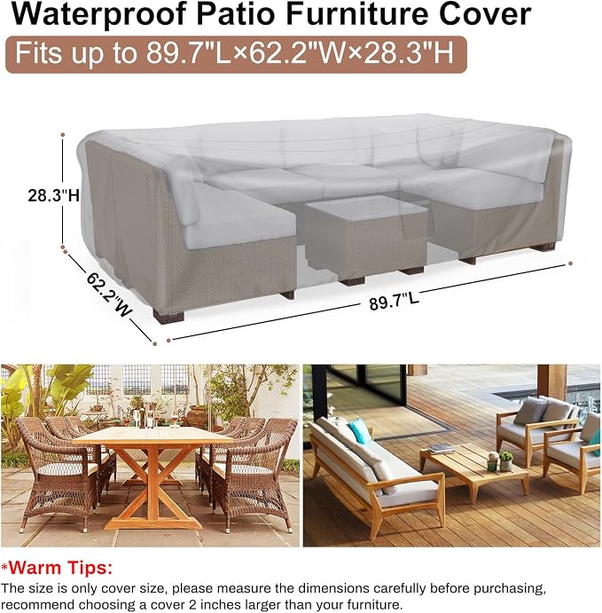 Heavy Duty Patio Furniture Covers Waterproof, Mrrihand Patio Furniture Outdoor Sectional Sofa Couch Set, Patio Table and Chair Set Cover 89.7" L×62.2" W×28.3" H