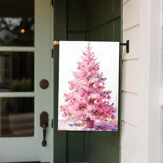 Christmas House Flag 28x40 Inch Pastel Pink Xmas Tree Ball Winter Holiday Decorative Garden Flags for Outside Double Sided Seasonal Outdoor Home Farmhouse Decoration Porch Yard New Year Decor