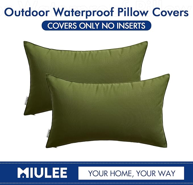 MIULEE Pack of 2 Decorative Outdoor Waterproof Pillow Covers Rectangular Garden Cushion Sham Throw Pillowcase Summer Shell for Spring Patio Tent Couch 12x20 Inch Olive Green