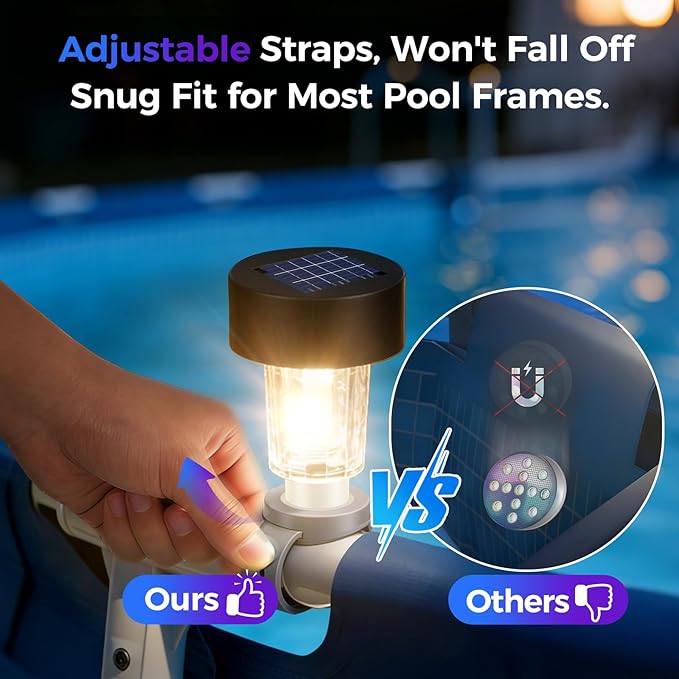 BITIWEND Solar Pool Lights for Above Ground Pools, Strap-on Pool Frame Lights with Adjustable Straps (Max 2.3"), Waterproof Dusk to Dawn Warm White LED Lights