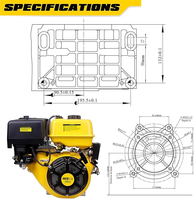Aceup Energy Gas Engine Horizontal Shaft, 18HP 459cc Gas Motor with Electric Start EZ, 4 Stroke OHV, Shaft 1" Diameter
