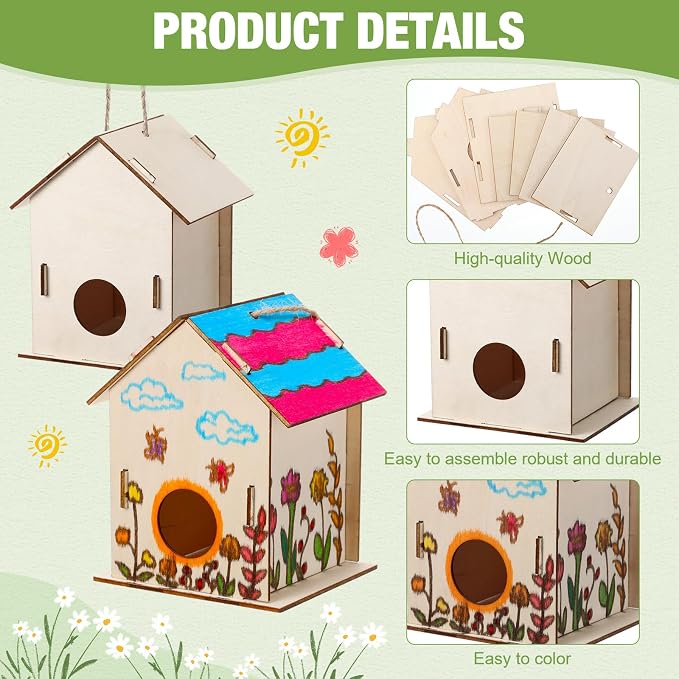 DoubleFill 12 Pcs Bulk Wooden Bird Houses Kits for Kids Mini Bird House for Craft DIY Unfinished Wood Birdhouse to Paint, Build for Children Wooden Arts Classroom Activity, 3 Styles