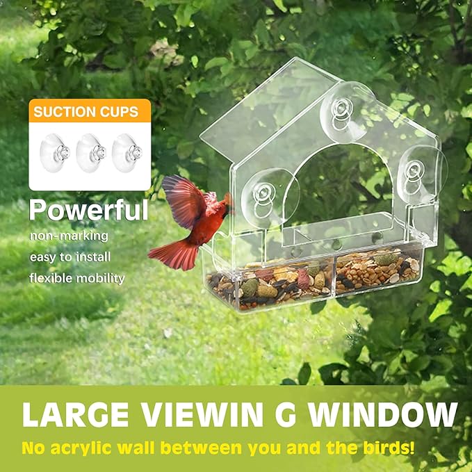 Window Bird Feeder with 3 Extra Strong Suction Cups, Clear Birdfeeders Bird House for Outdoors Window Viewing Outside, Removable Tray Birdhouse