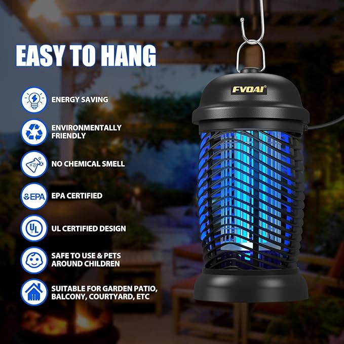 FVOAI Bug Zapper Outdoor, Mosquito Zapper, Fly Zapper, Insect Zapper Electric Fly Traps for 1/2 Acre, Indoor Outdoor Use with 3 Prong Plug-in,4200V, ABS Plastic Outer, Black
