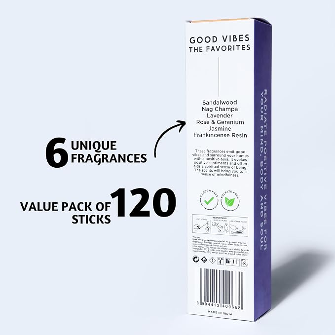 Folkulture Incense Sticks (120 Sticks) | Set of 6 Premium Incense For Meditation, Aromatherapy | No Charcoal,Organic, Non Toxic, 45 Mins, Long Burning Lavender, Frankincense, Nag Champa Insence-Sticks