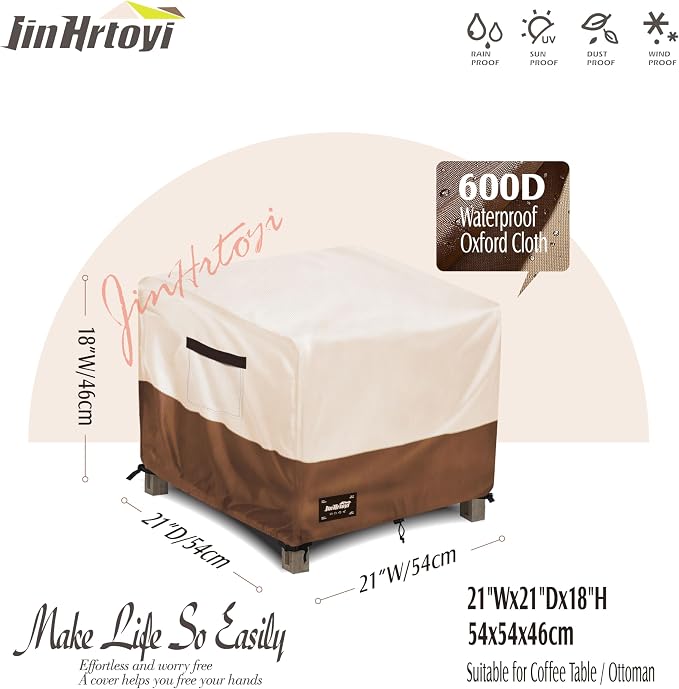 Patio Square Table Cover,22Wx22Dx18H Inches 100% Waterproof Heavy Duty Outdoor Coffee Table Cover,Beige&Brown Modern Style Outdoor Furniture Covers