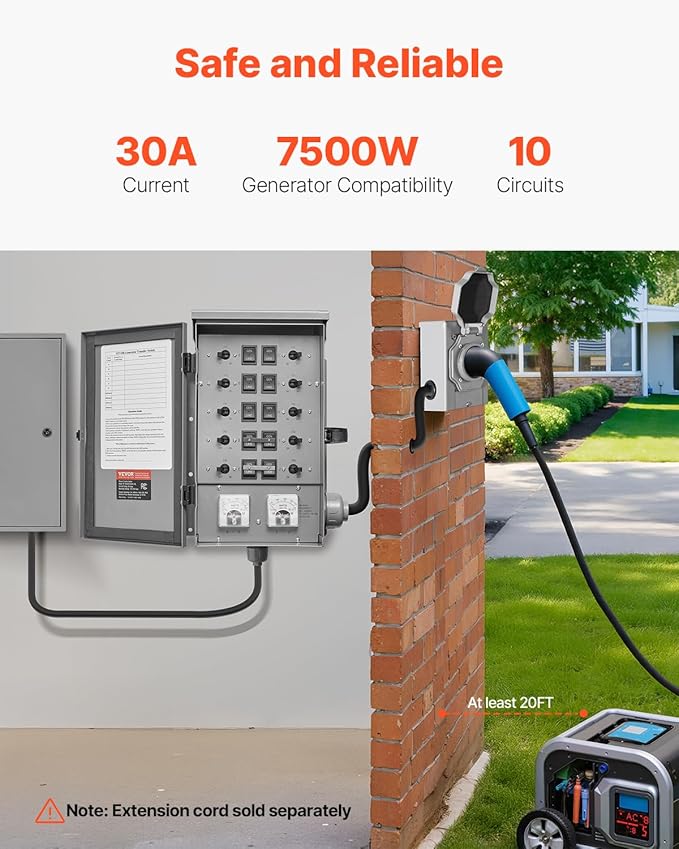 VEVOR Manual Transfer, 30-Amp 10-Circuit, Prewired Generator Transfer Kit with NEMA L14-30P Power Inlet Box, Double-Throw, NEMA 3R, Mechanical Watt Meter, for 7500W Generators