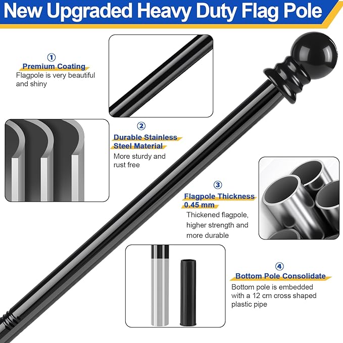 Flag Pole for Outside House, Heavy Duty Metal Flagpole for Residential, Outdoor or Porch, Stainless Steel Flag Poles, Upgraded Tangle Free Design, 1 Inch (6 FT, Black)