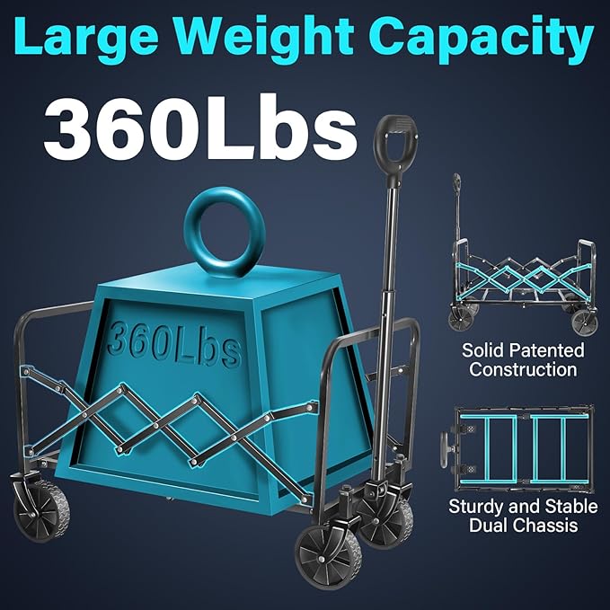 Wagons Carts Foldable, Collapsible Wagon with Wheels — Foldable Wagon for Groceries,Picnic,Beach,Camping, Small Hauls, Apartment Moving Storage, Portable Utility Folding Wagon Cart, 360lbs,Jet Black