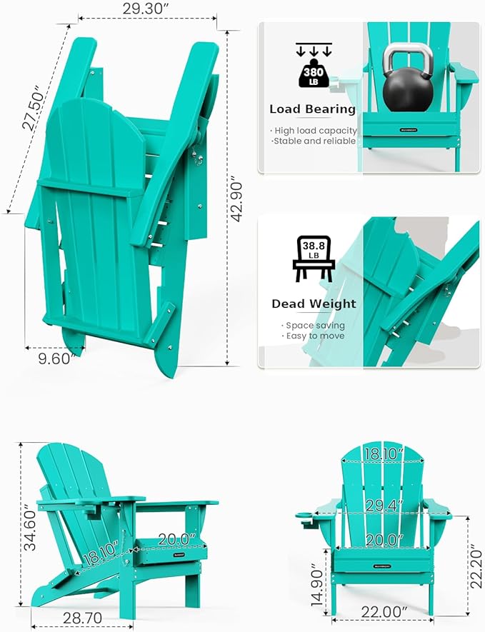 MUCHENGHY Folding Adirondack Chairs 2 Pack, Patio Chairs, Outdoor Chairs, Adirondack Chair Plastic, Fire Pit Chairs, Weather Resistant with Cup Holder for Deck, Backyard, Garden(Lake Blue)