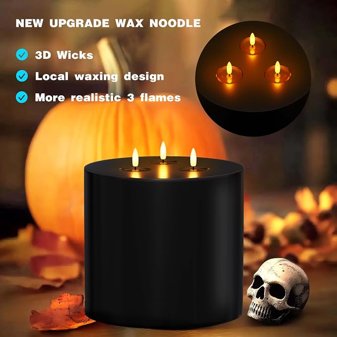 Black Extra Large Flameless Candles 6"x6" Battery Operated Candle with Remote Real Wax 3 Wick Led Candles Flickering Flame Fake Candles for Halloween Harvest Festival Christmas Home Decor