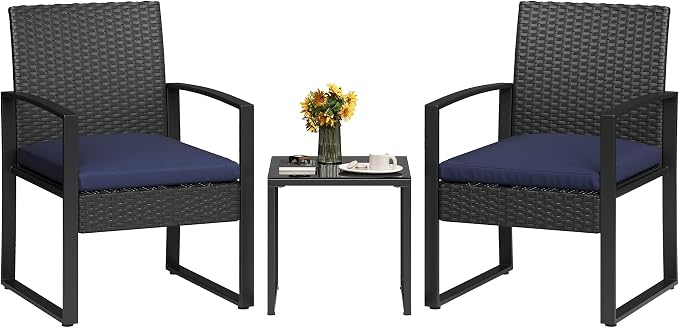 Garvee 3 Pieces Patio Bistro Set, PE Rattan Patio Conversation Set with Tempered Glass Coffee Table, Outdoor Wicker Furniture for Patio Garden Balcony Backyard, Black and Blue