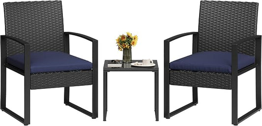 Garvee 3 Pieces Patio Bistro Set, PE Rattan Patio Conversation Set with Tempered Glass Coffee Table, Outdoor Wicker Furniture for Patio Garden Balcony Backyard, Black and Blue