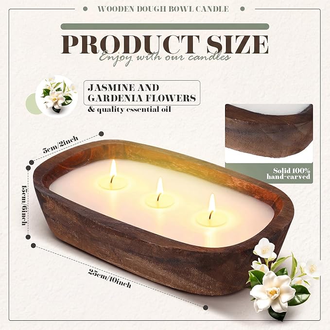 Threlaco 1 Pack 10 Inch Wood Dough Bowl Candles Home Rustic Dough Bowl Soy Candle 3 Wick Scented Candles Gifts for Men Women Farmhouse Table Centerpiece Home Decor for Christmas(Jasmine Gardenia)