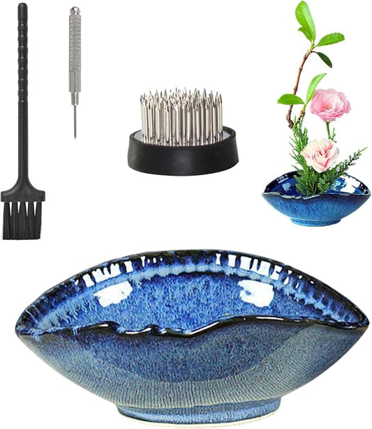 WANDIC Floral Arranging Vase, Blue Irregular Oval Shape Ceramic Ikebana Vases with 3.5cm Mini Round Flower Frog for Ikebana Floral Arrangement Art Home Decor