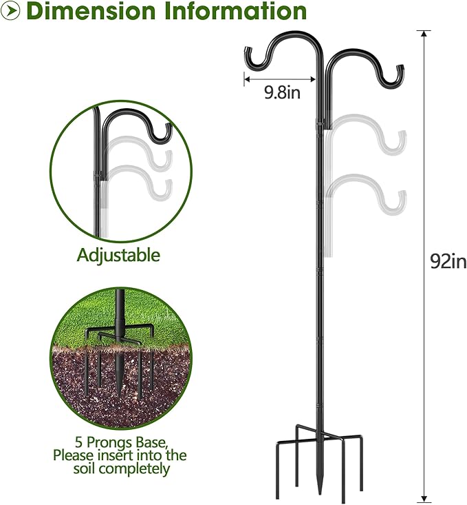 Double Shepherds Hooks for Outdoor, 92" Heavy Duty Bird Feeder Pole with 5 Prong Base, Adjustable Shepherds Hook for Bird feeders Outside, Garden, Weddings, Hanging Plants, 1 Pack, Black