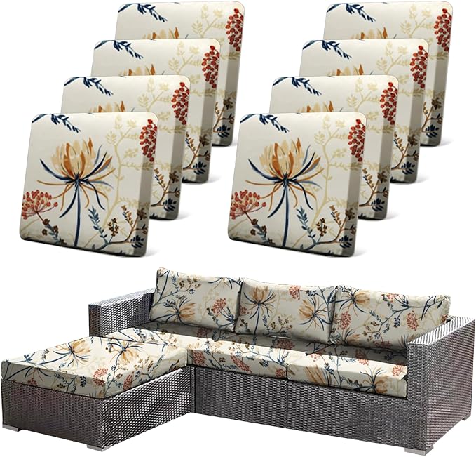 CALBODE 8PACK Outdoor Sofa Seat Cushion Covers, Floral Printed Stretch Polyester Elastic Detachable Half-Pack Sofa Cover, for Patio Terrace Garden Sofa Seat Cushion Cover