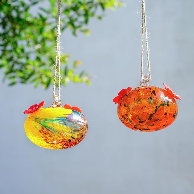 Set of 2 Hummingbird Feeders for Outdoors Hanging 3.2in Small Blown Glass Humming Bird Feeder for Window Humming Bird Feeders with 2 Flower Feeding Ports Decor for Outside Garden