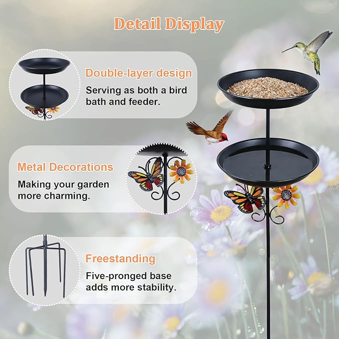 hogardeck 2-in-1 Vintage Freestanding Bird Bath & Feeder, Double Metal Layers Birdbath with Upgraded 5-Pronged Sturdy Base, Outdoor Decor for Garden Patio Yard Lawn, Black