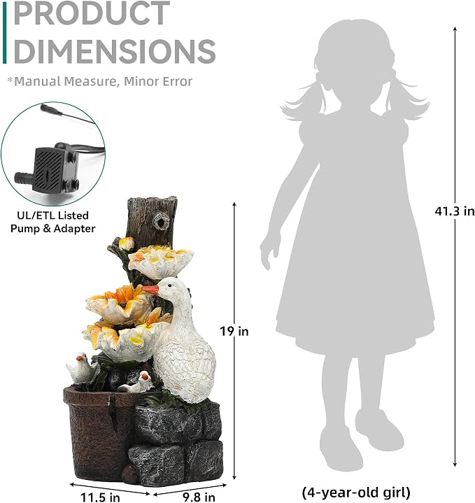AUTODAYA 19" Water Fountain Indoor Outdoor, 4-Tier Sunflower & Duck Design with LED Lights and Cascading Waterfalls, Rustic Decor for Garden, Yard, Patio, Flowerbed & Farmhouse