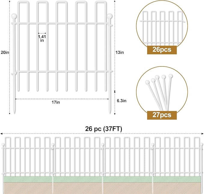 26 Panels No Dig Animal Barrier Fence, 13in(H) x 37ft(L) Garden Edging Border Fencing, Rustproof Metal Stakes Decorative Garden Fence, Dog Digging Defense Fencing Barrier for Outdoor, Yard, White