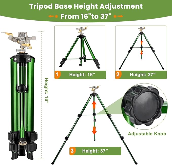 Pattiumo Sprinklers for Yard, 360° Tripod Sprinklers for Yard Large Area, 3/4" Connector Lawn Sprinkler, Adjustable Height 16-37”, Water Sprinkler for Lawn/Garden/Patio, 1Pack